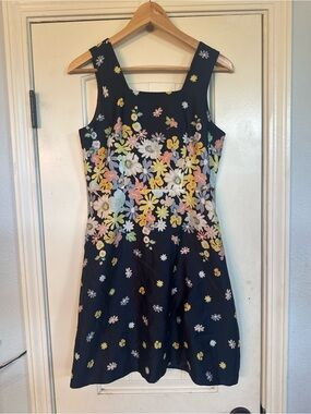LOFT Navy Floral Square-Neck A-Line Dress